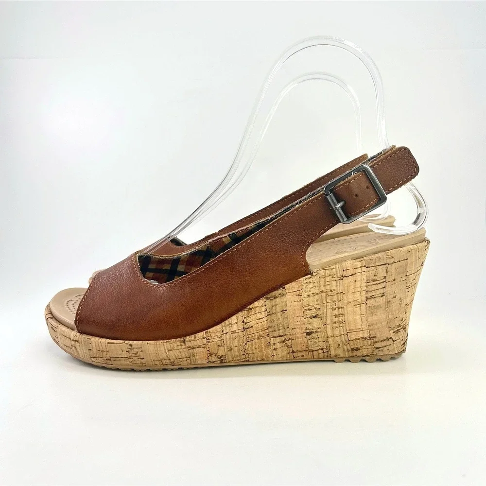 Crocs A-Leigh Brown Leather Cork Wedge Sandals Slingback Peep Toe Comfort Size 8